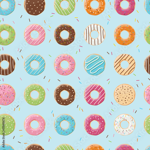 Fototapeta Seamless pattern with colorful tasty glossy donuts