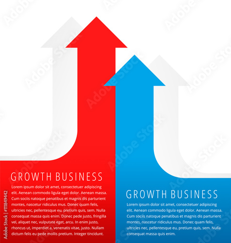 Increasing graphs concept. Red and blue arrows represent growth business and process. Flat infographic element for document, article, presentation, background for web, print, publish, social networks.