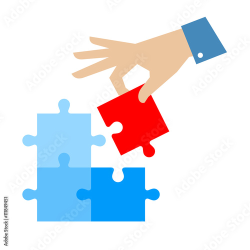 Problem solution concept flat illustration. Man's hand places last detail of puzzle in jigsaw. Vector puzzle infographic element, template for web, internet, presentation, booklet, social networks.