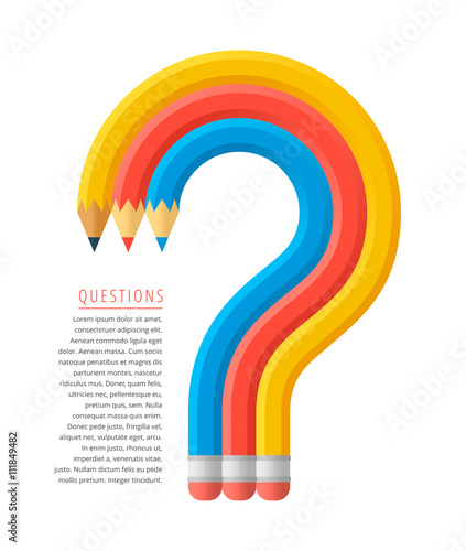 Flat stile graphic education and business concept. Group of red, yellow and blue pencils as a question mark. Infographics vector elements for web, newspaper articles, social networks.