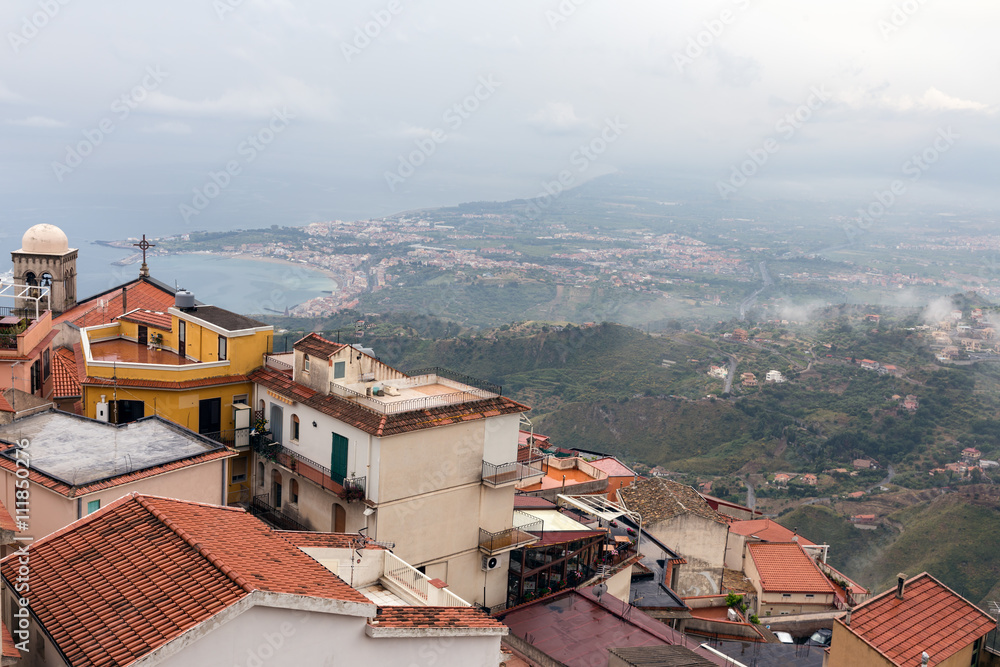 Panorama Castelmola near Taormina with aerial view Sicilian Coast