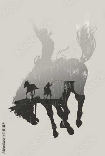 Double exposure of cowboy chasing wild horse through desert on a rodeo cowboy background, vector