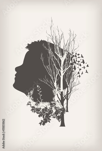 Double exposure portrait of boy, forest and birds