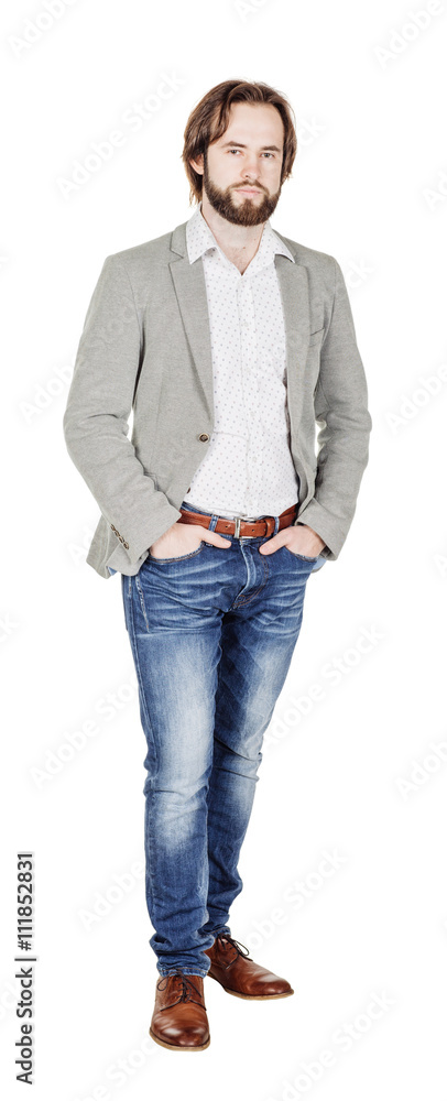 bearded man standing and looking at camera. human emotion expre bearded man standing and looking at camera. human emotion expre