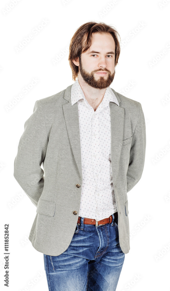 bearded man standing and looking at camera. human emotion expre bearded man standing and looking at camera. human emotion expre