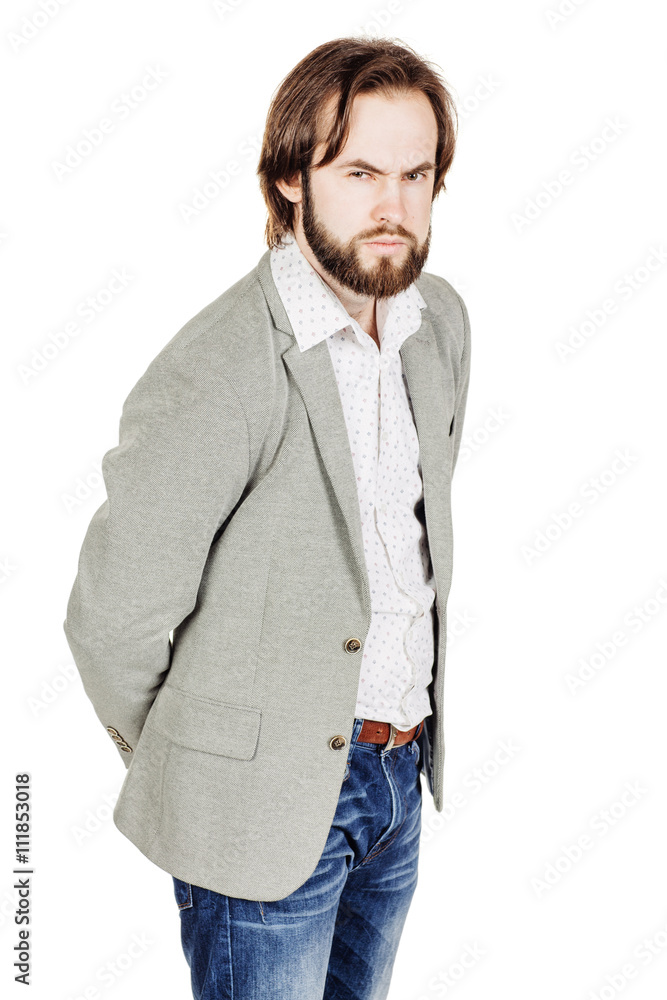 bearded business man with suspicious emotion. human emotion expr bearded business man with suspicious emotion. human emotion expr