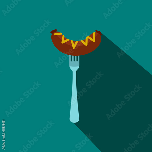 Sausage on a fork with mustard icon, flat style