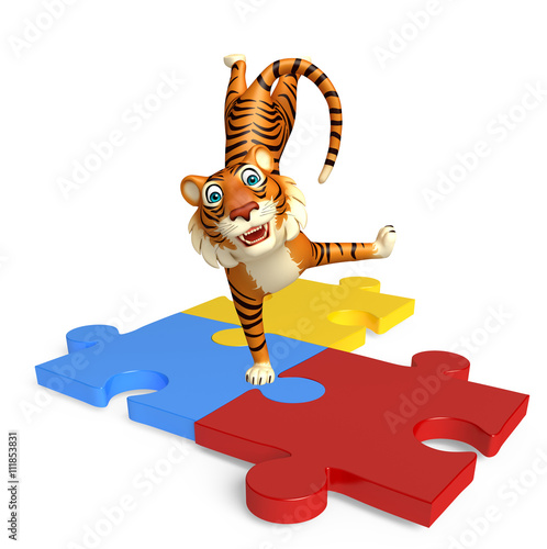 Fototapeta Naklejka Na Ścianę i Meble -  cuteTiger cartoon character with puzzle