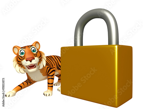 Fototapeta Naklejka Na Ścianę i Meble -  fun Tiger cartoon character with lock
