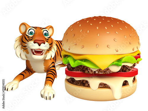 Fototapeta Naklejka Na Ścianę i Meble -  fun Tiger cartoon character with burger