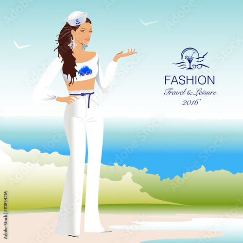Beautiful stylish woman in sailor, marine uniform on beach. Fashion model. Vector Illustration