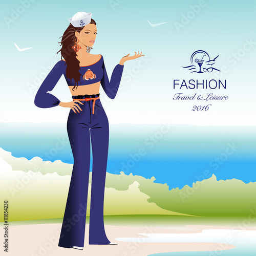 Beautiful stylish woman in sailor, marine uniform on beach. Fashion model. Vector Illustration