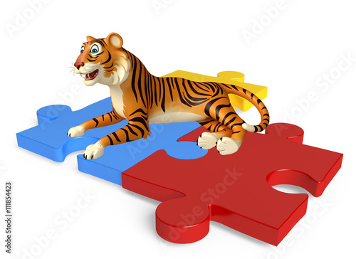 Fototapeta Naklejka Na Ścianę i Meble -  cuteTiger cartoon character with puzzle