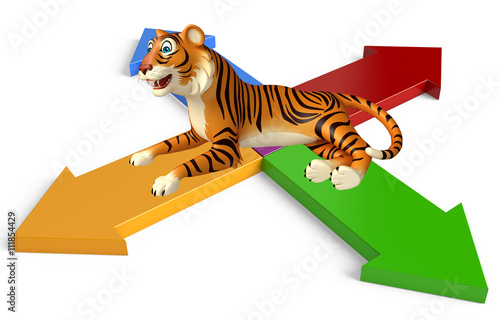 Fototapeta Naklejka Na Ścianę i Meble -  cuteTiger cartoon character with arrow