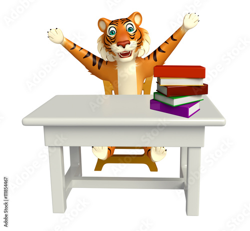 Fototapeta Naklejka Na Ścianę i Meble -  Tiger cartoon character with table and chair ;book