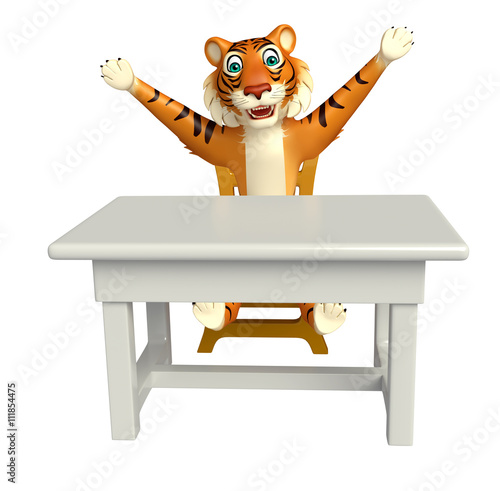 Fototapeta Naklejka Na Ścianę i Meble -  Tiger cartoon character with table and chair