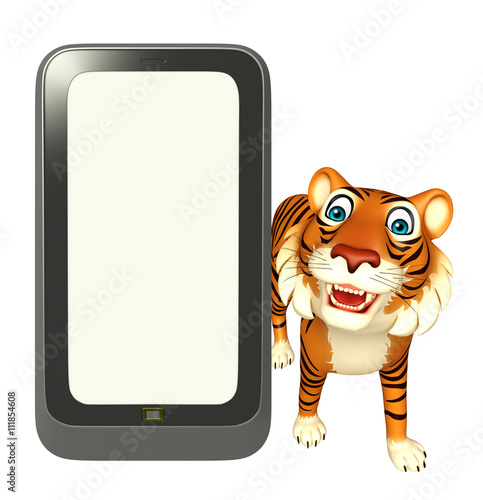 Fototapeta Naklejka Na Ścianę i Meble -  Tiger cartoon character with mobile