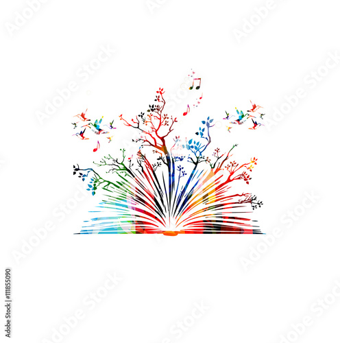 Colorful book with trees and hummingbirds