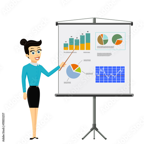 Girl shows on a board financial graphs and charts. Business repo