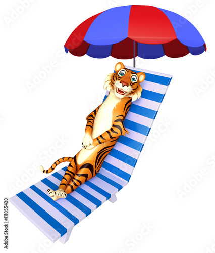 Fototapeta Naklejka Na Ścianę i Meble -  Tiger cartoon character with beach chair
