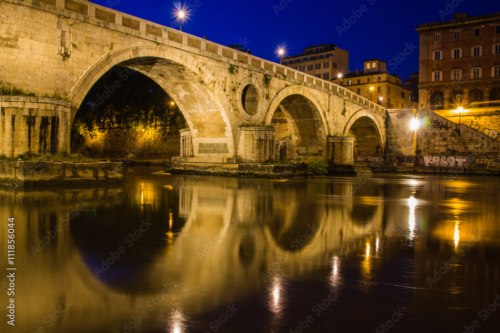 Ponte Sisto bridge reflections at twilight, connecting both sides of the River Tiber, Rome, Italy, Europe