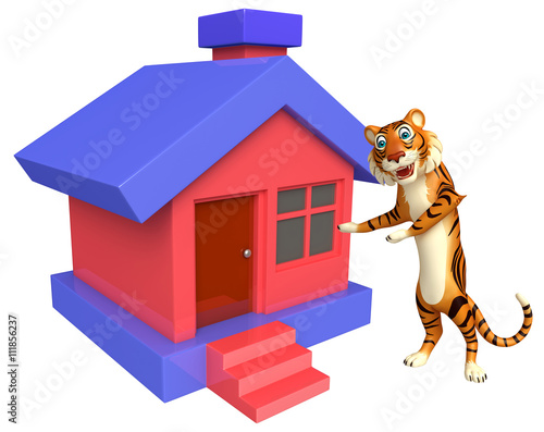 Fototapeta Naklejka Na Ścianę i Meble -   fun Tiger cartoon character with home icon