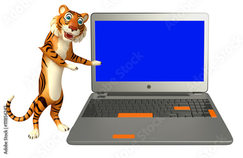 Fototapeta Naklejka Na Ścianę i Meble -  fun Tiger cartoon character with laptop