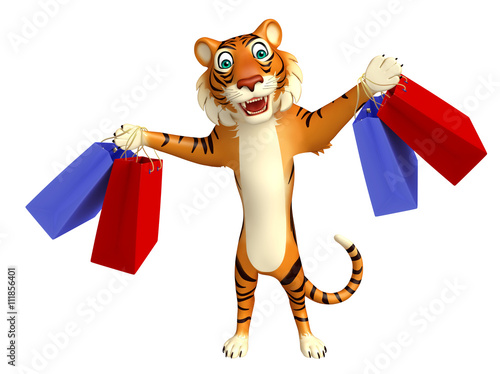 Fototapeta Naklejka Na Ścianę i Meble -  fun Tiger cartoon character with shopping bag