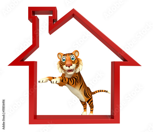 Fototapeta Naklejka Na Ścianę i Meble -  cute Tiger cartoon character with home sign