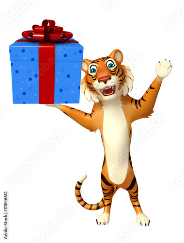 Fototapeta Naklejka Na Ścianę i Meble -  cute Tiger cartoon character with giftbox