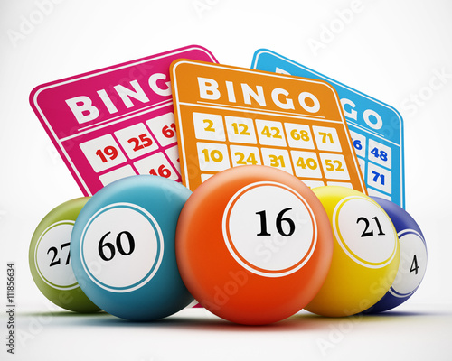 Bingo balls and cards. 3D illustration photo