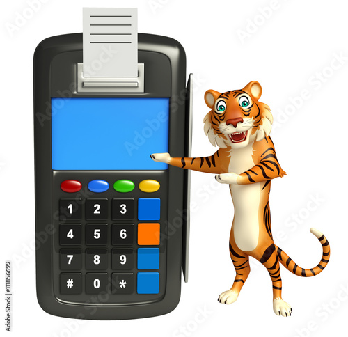 Fototapeta Naklejka Na Ścianę i Meble -  fun Tiger cartoon character with swipe machine
