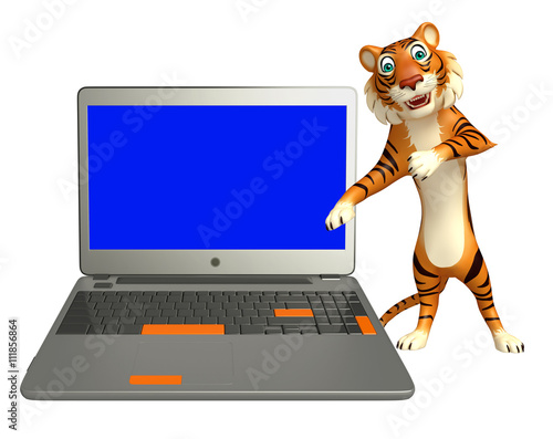 Fototapeta Naklejka Na Ścianę i Meble -  fun Tiger cartoon character with laptop