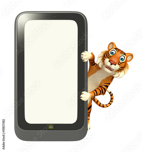 Fototapeta Naklejka Na Ścianę i Meble -  Tiger cartoon character with mobile