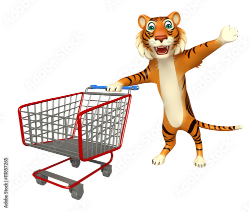 Fototapeta Naklejka Na Ścianę i Meble -  cute Tiger cartoon character with trolly