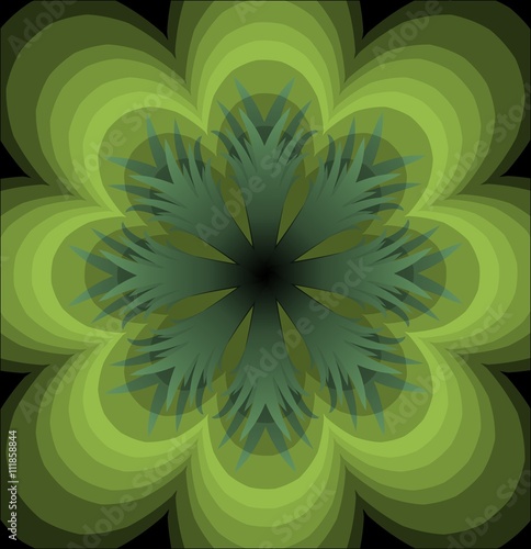 Green semitransparent rosette on black background. Plastic green rosette. Multilayered flourish rosette. Green vector mandala. Green flower shape.