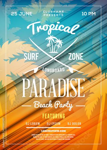 Summer Beach Party Flyer or Poster. Summer Night Party. Vector Design Template