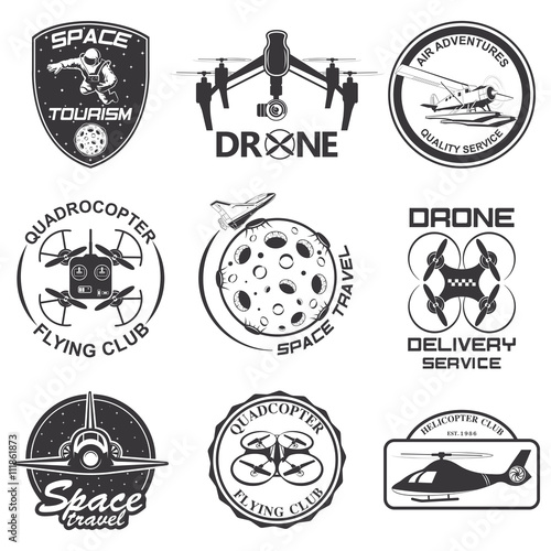 Set of vintage space, drone , aeronautics flight emblems, labels, badges