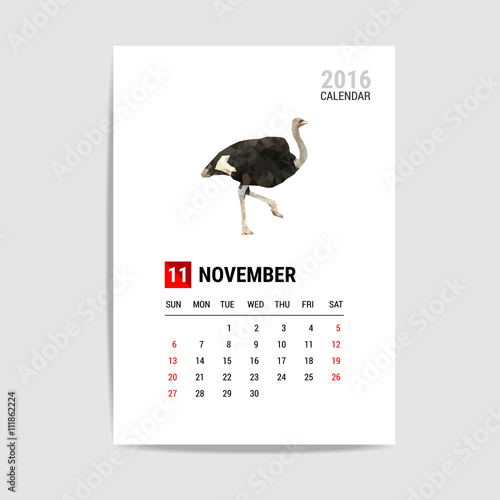 2016 November calendar, Ostrich polygon vector photo