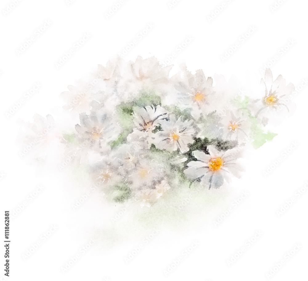 Fototapeta premium Chamomile bouquet with blurred background. Hand-painted watercolor illustration for greeting cards