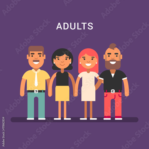 Two mature couples. Men and women. Colored flat vector illustration on violet background