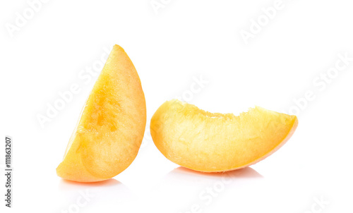 Yellow peach,Peach cut pieces on white background.