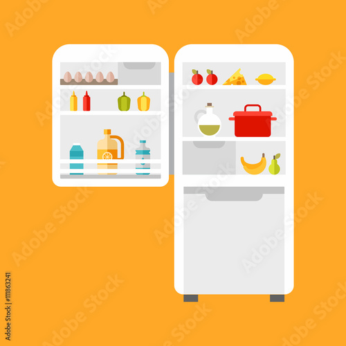 Open refrigerator with food. Flat style vector illustration