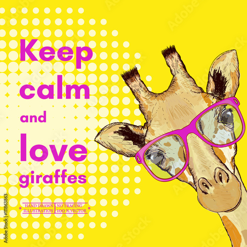 Photography Giraffe with glasses, keep calm and love giraffes poster
