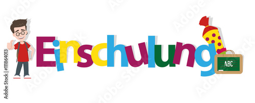 Einschulung Lettern Junge mit Rucksack, Zuckertüte und Kreidetafel Vektor