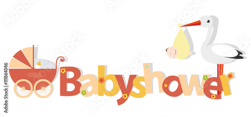 Babyshower Schriftzug mit Storch Baby und Kinderwagen Vektor