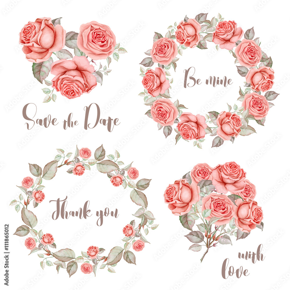 Watercolor set of rose wreaths and bouquets