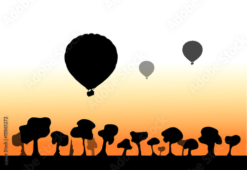 3 Ballons   ber einer Landschaft mit B  umen bei Sonnenuntergang