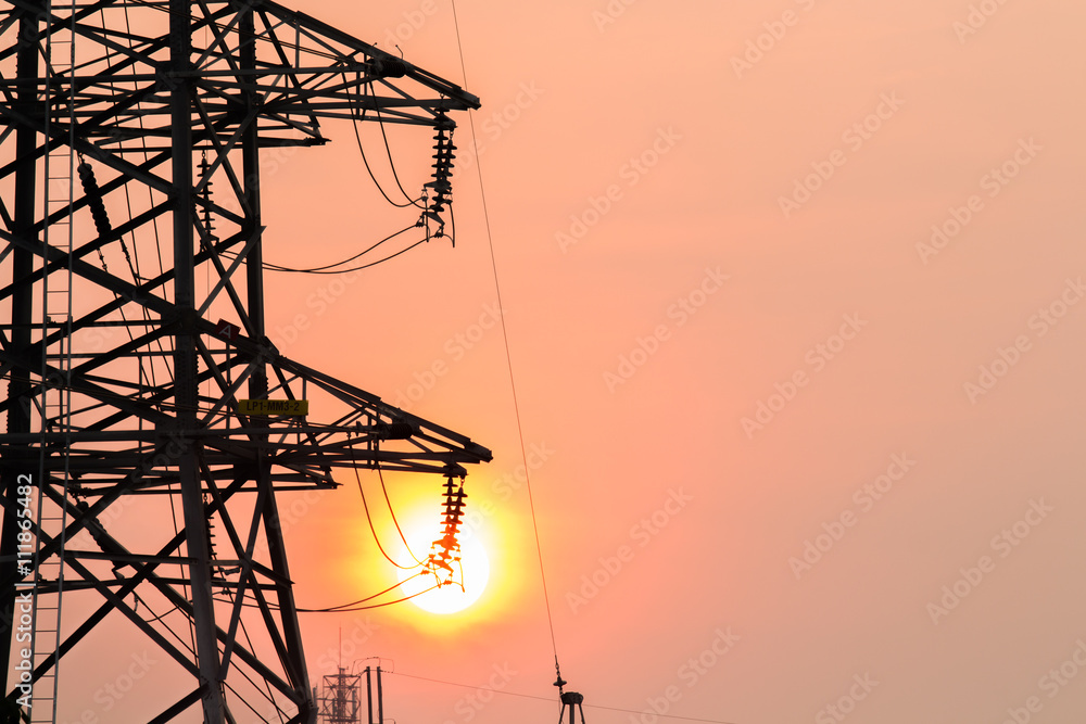 silhouette of high voltage electrical pole structure