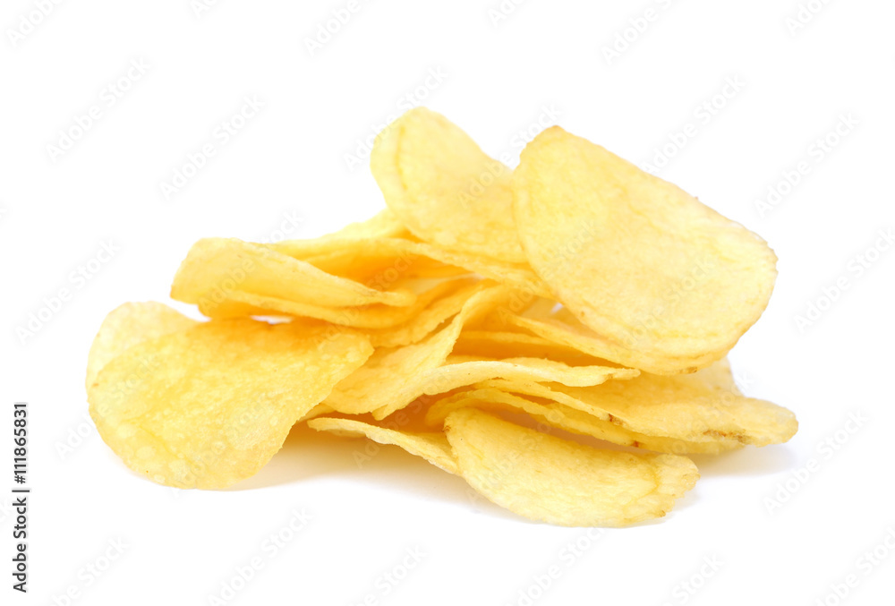 Fried salted potato chips isolated on white background